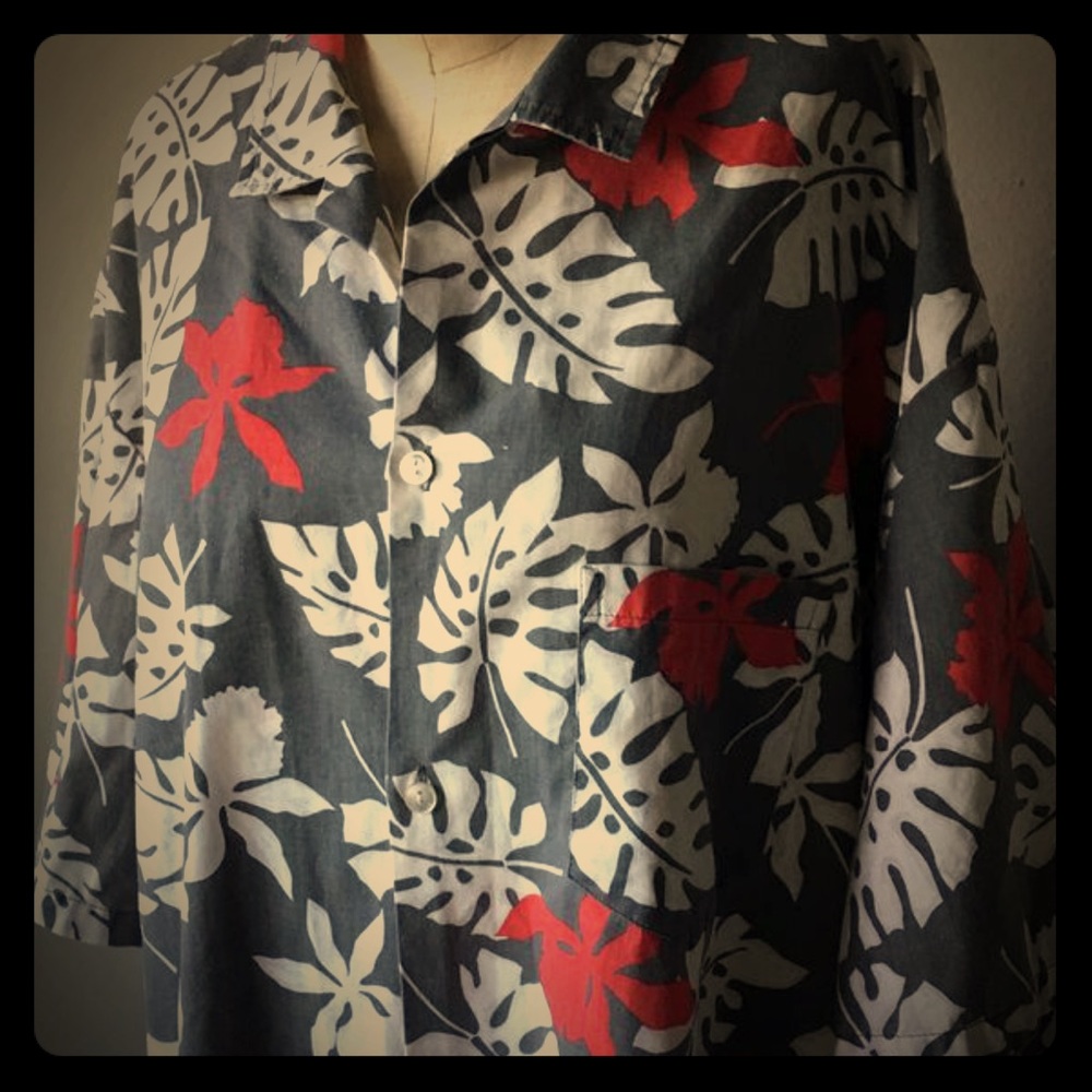 Vintage Gray, Red and White Hawaiian Shirt